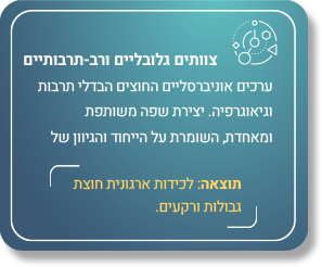 צוותים גלובליים ורב-תרבותיים: ערכים אוניברסליים החוצים הבדלי תרבות וגיאוגרפיה. יצירת שפה משותפת ומאחדת, השומרת על הייחוד והגיוון של כל חבר צוות. תוצאה: לכידות ארגונית חוצת גבולות ורקעים.